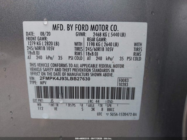 Продажа на аукционе авто 2020 Ford Edge Sel, vin: 2FMPK4J93LBB27630, номер лота: 46093315