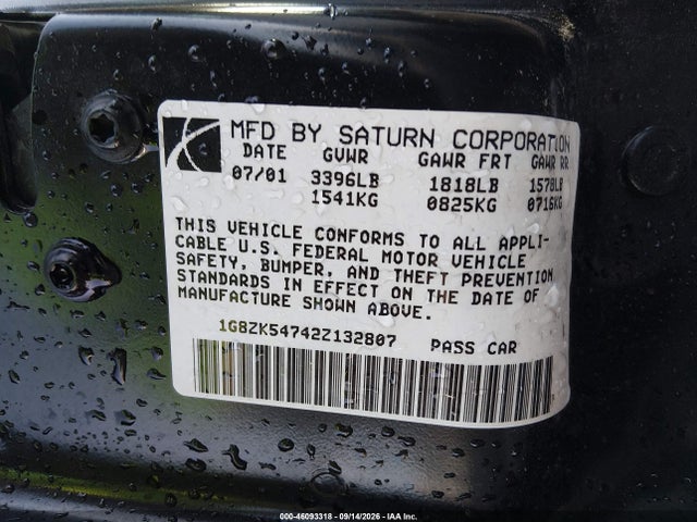2002 Saturn S-series Sl2 მანქანა იყიდება აუქციონზე, vin: 1G8ZK54742Z132807, აუქციონის ნომერი: 46093318