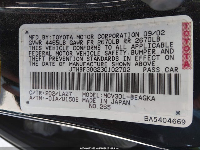 Продажа на аукционе авто 2003 Lexus Es 300, vin: JTHBF30G230102702, номер лота: 46093329