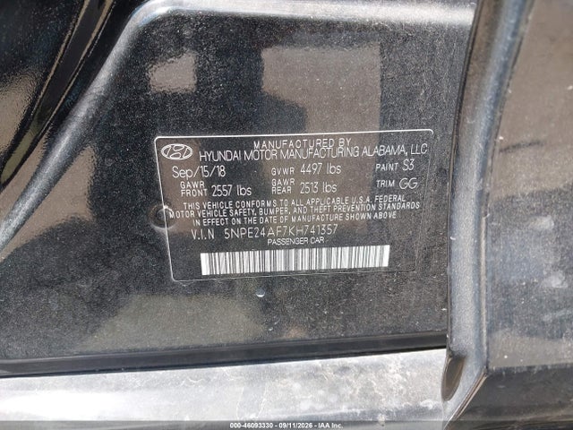 Auction sale of the 2019 Hyundai Sonata Se, vin: 5NPE24AF7KH741357, lot number: 46093330