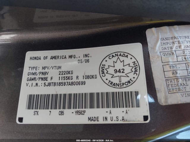 Продаж на аукціоні авто 2007 Acura Rdx, vin: 5J8TB18597A800699, номер лоту: 46093340