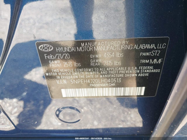 Aukcja sprzedaży 2020 Hyundai Sonata Limited, vin: 5NPEH4J20LH040513, numer aukcji: 46093341