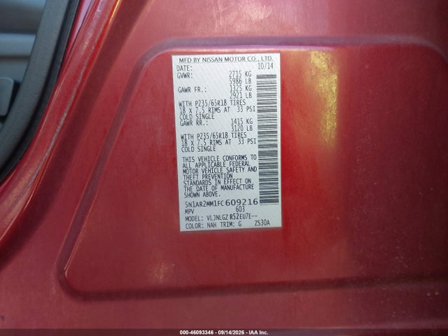 2015 Nissan Pathfinder Sl მანქანა იყიდება აუქციონზე, vin: 5N1AR2MM1FC609216, აუქციონის ნომერი: 46093346