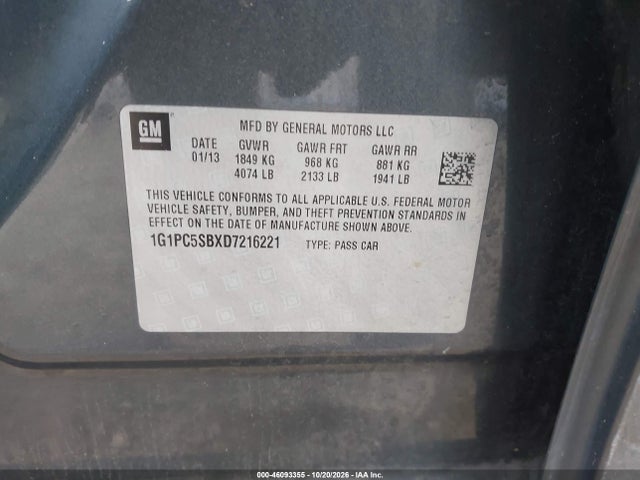 Aukcja sprzedaży 2013 Chevrolet Cruze 1lt Auto, vin: 1G1PC5SBXD7216221, numer aukcji: 46093355
