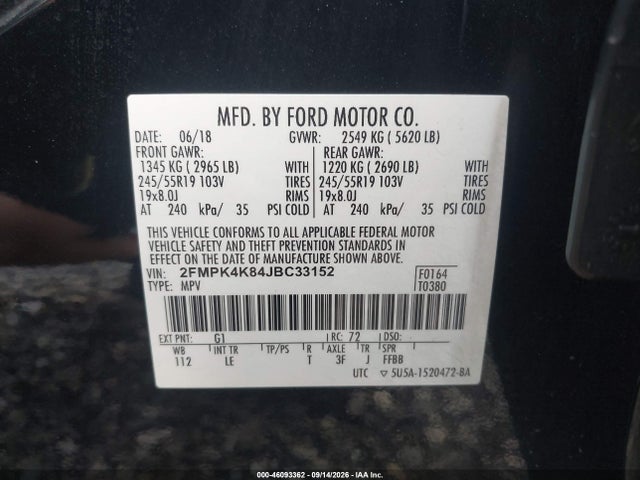 Aukcja sprzedaży 2018 Ford Edge Titanium, vin: 2FMPK4K84JBC33152, numer aukcji: 46093362