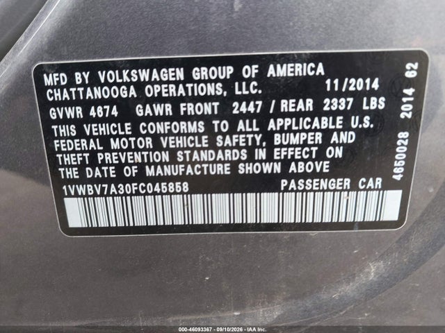 Продажа на аукционе авто 2015 Volkswagen Passat 2.0l Tdi Se, vin: 1VWBV7A30FC045858, номер лота: 46093367