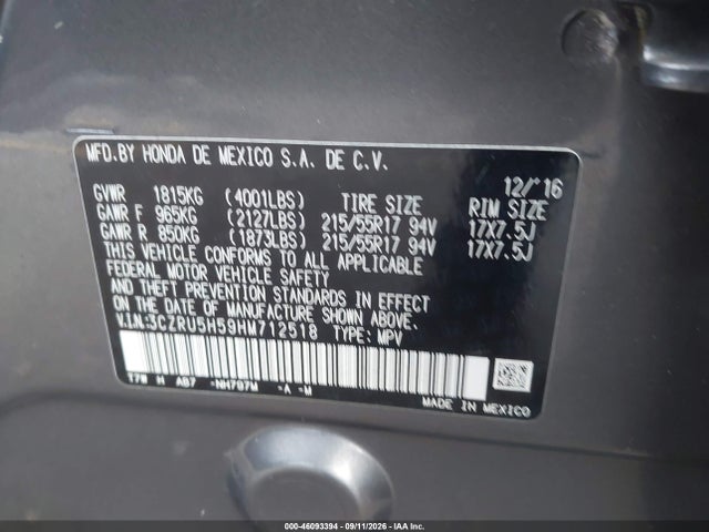 Aukcja sprzedaży 2017 Honda Hr-v Ex, vin: 3CZRU5H59HM712518, numer aukcji: 46093394