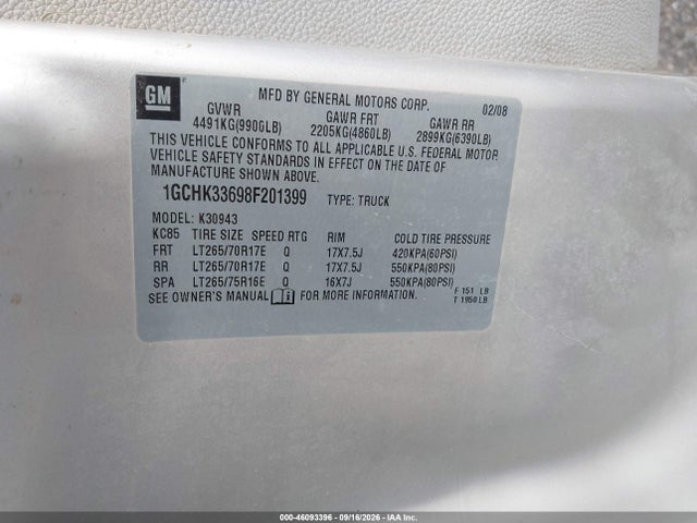 46093396 :رقم المزاد ، 1GCHK33698F201399 vin ، 2008 Chevrolet Silverado 3500hd Ltz مزاد بيع