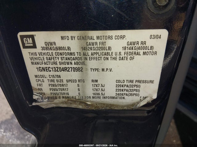 Aukcja sprzedaży 2004 Chevrolet Tahoe Lt, vin: 1GNEC13Z04R270982, numer aukcji: 46093397