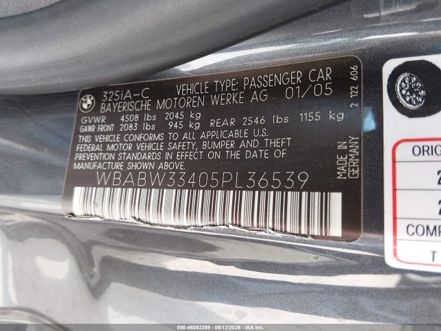 46093399 :رقم المزاد ، WBABW33405PL36539 vin ، 2005 Bmw 325ci مزاد بيع