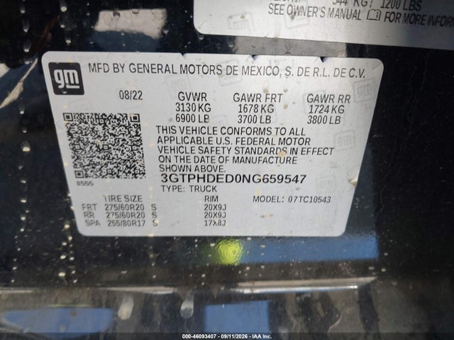2022 Gmc Sierra 1500 2wd  Short Box Slt მანქანა იყიდება აუქციონზე, vin: 3GTPHDED0NG659547, აუქციონის ნომერი: 46093407
