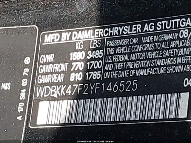 46093408 :رقم المزاد ، WDBKK47F2YF146525 vin ، 2000 Mercedes-benz Slk 230 Kompressor مزاد بيع