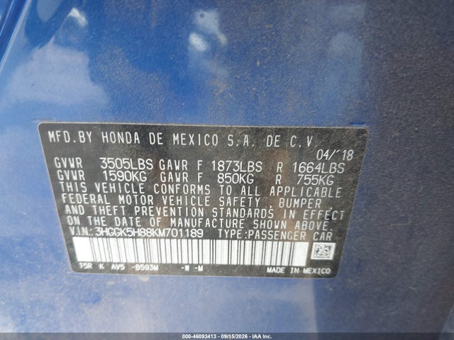 Продаж на аукціоні авто 2019 Honda Fit Ex, vin: 3HGGK5H88KM701189, номер лоту: 46093413