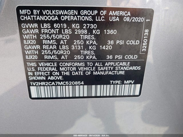 1V2HR2CA7MC520854 Volkswagen Atlas 3.6l V6 Se W/technology