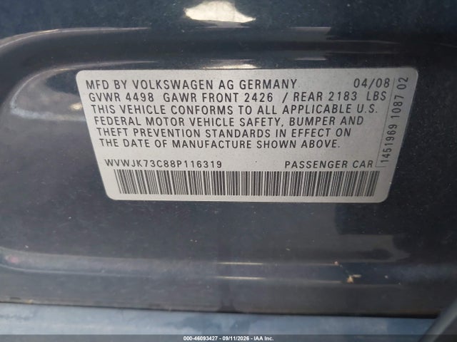 Продаж на аукціоні авто 2008 Volkswagen Passat Turbo, vin: WVWJK73C88P116319, номер лоту: 46093427