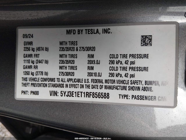 Aukcja sprzedaży 2024 Tesla Model 3 Performance All-wheel Drive, vin: 5YJ3E1ET1RF856588, numer aukcji: 46093432