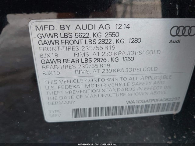 2015 Audi Q5 3.0t Premium Plus მანქანა იყიდება აუქციონზე, vin: WA1DGAFP0FA082297, აუქციონის ნომერი: 46093439