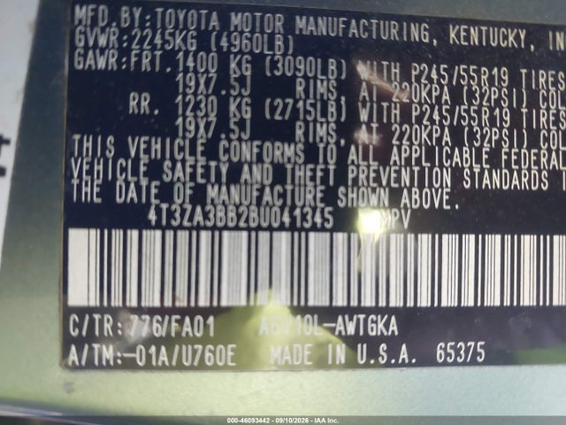 Aukcja sprzedaży 2011 Toyota Venza, vin: 4T3ZA3BB2BU041345, numer aukcji: 46093442