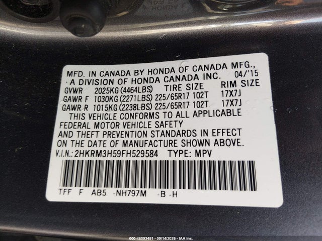2015 Honda Cr-v Ex მანქანა იყიდება აუქციონზე, vin: 2HKRM3H59FH529584, აუქციონის ნომერი: 46093451
