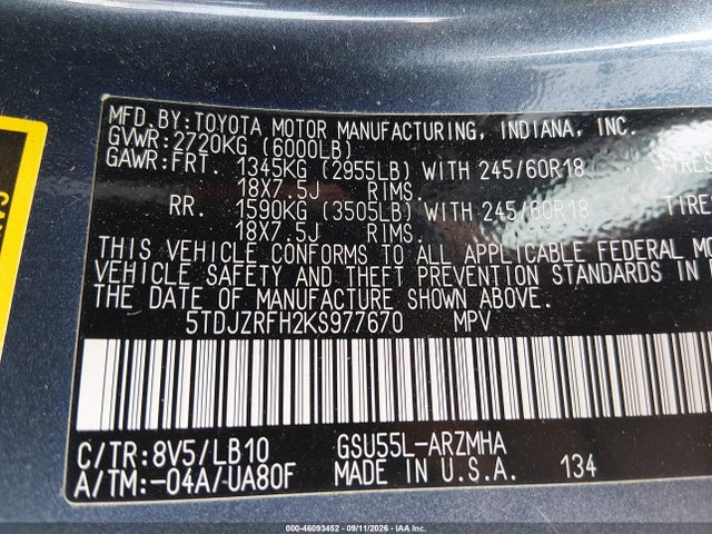 2019 Toyota Highlander Xle მანქანა იყიდება აუქციონზე, vin: 5TDJZRFH2KS977670, აუქციონის ნომერი: 46093452