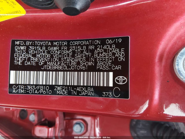 Продаж на аукціоні авто 2020 Toyota Corolla Hybrid Le, vin: JTDEBRBE0LJ010961, номер лоту: 46093465