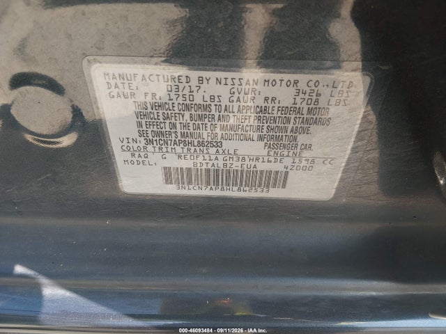 Aukcja sprzedaży 2017 Nissan Versa 1.6 Sv, vin: 3N1CN7AP8HL862533, numer aukcji: 46093484