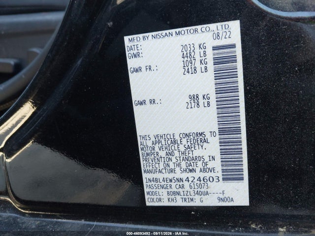 Продаж на аукціоні авто 2022 Nissan Altima Sl Intelligent Awd, vin: 1N4BL4EW5NN424603, номер лоту: 46093492