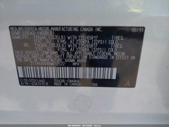 Aukcja sprzedaży 2011 Toyota Rav4 Limited V6, vin: 2T3YK4DVXBW012522, numer aukcji: 46093493