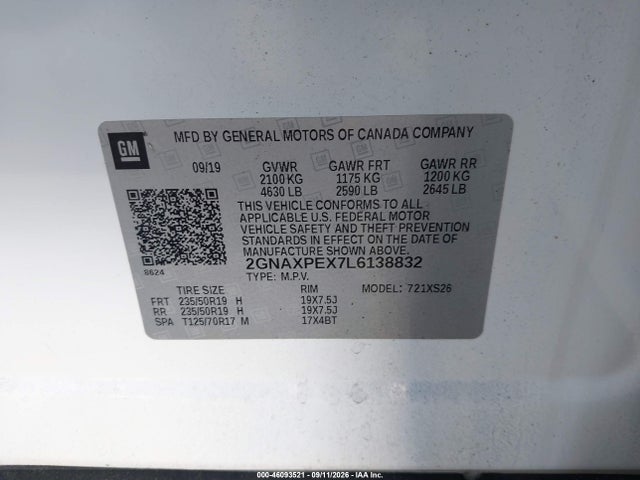 Aukcja sprzedaży 2020 Chevrolet Equinox Fwd Premier 2.0l Turbo, vin: 2GNAXPEX7L6138832, numer aukcji: 46093521