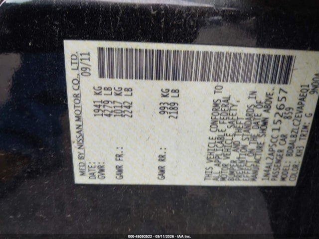 Aukcja sprzedaży 2012 Nissan Altima 2.5 S, vin: 1N4AL2AP5CC152657, numer aukcji: 46093522