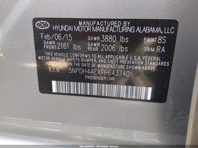 Продажа на аукционе авто 2015 Hyundai Elantra Se, vin: 5NPDH4AEXFH643740, номер лота: 46093523