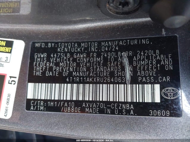Aukcja sprzedaży 2024 Toyota Camry Le, vin: 4T1R11AKXRU264063, numer aukcji: 46093539