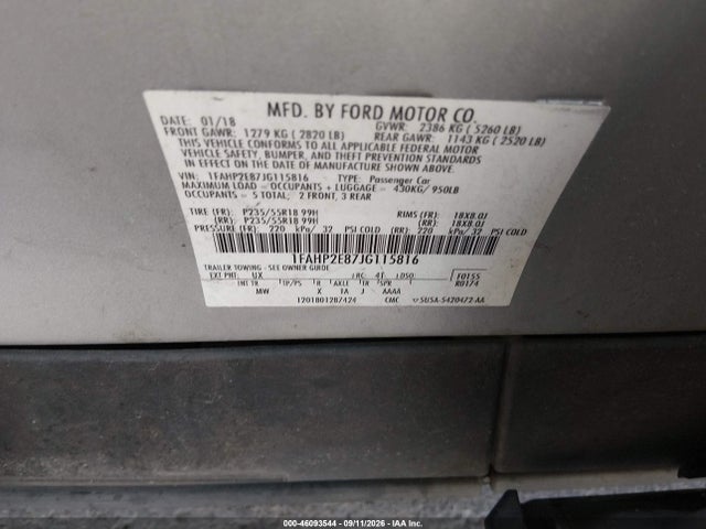 Продажа на аукционе авто 2018 Ford Taurus Sel, vin: 1FAHP2E87JG115816, номер лота: 46093544