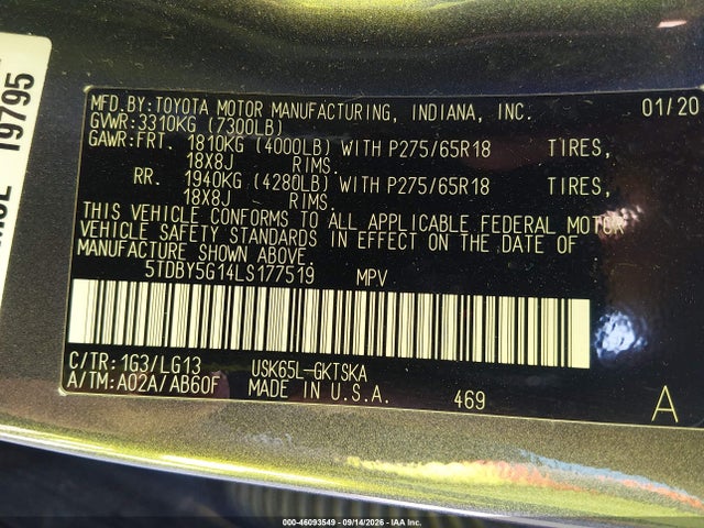 Aukcja sprzedaży 2020 Toyota Sequoia Sr5, vin: 5TDBY5G14LS177519, numer aukcji: 46093549