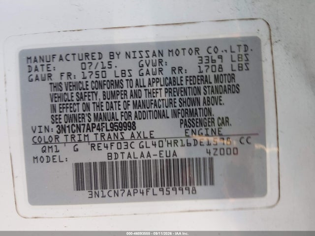 46093555 :رقم المزاد ، 3N1CN7AP4FL959998 vin ، 2015 Nissan Versa 1.6 S مزاد بيع