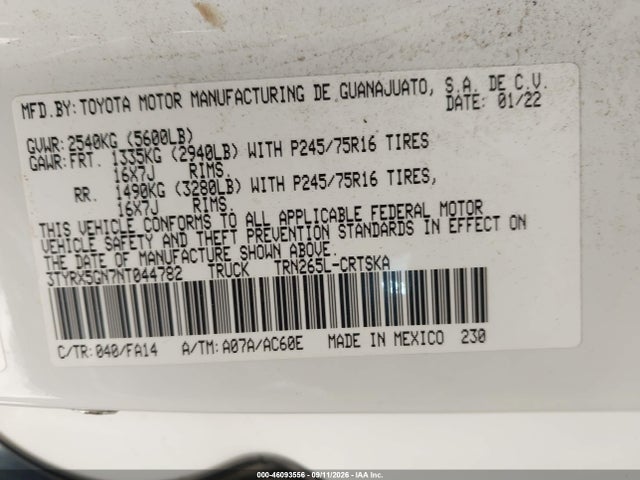 Aukcja sprzedaży 2022 Toyota Tacoma Sr, vin: 3TYRX5GN7NT044782, numer aukcji: 46093556