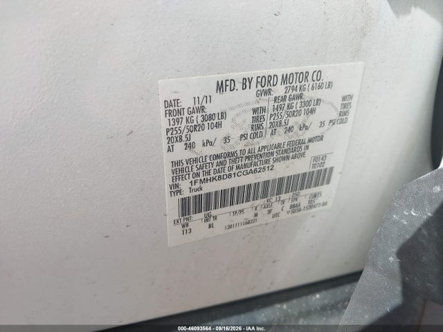 46093564 :رقم المزاد ، 1FMHK8D81CGA62512 vin ، 2012 Ford Explorer Xlt مزاد بيع