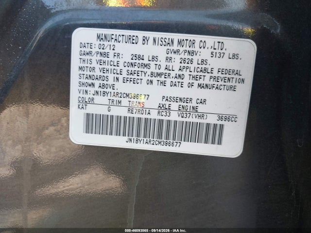 46093565 :رقم المزاد ، JN1BY1AR2CM396677 vin ، 2012 Infiniti M37x مزاد بيع