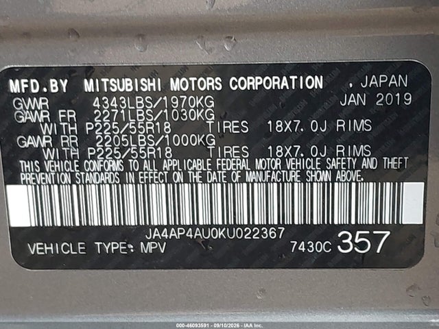 46093591 :رقم المزاد ، JA4AP4AU0KU022367 vin ، 2019 Mitsubishi Outlander Sport 2.0 Se مزاد بيع