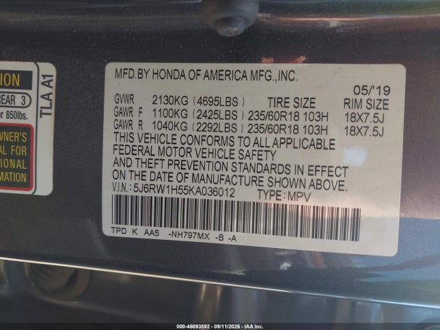 2019 Honda Cr-v Ex მანქანა იყიდება აუქციონზე, vin: 5J6RW1H55KA036012, აუქციონის ნომერი: 46093592