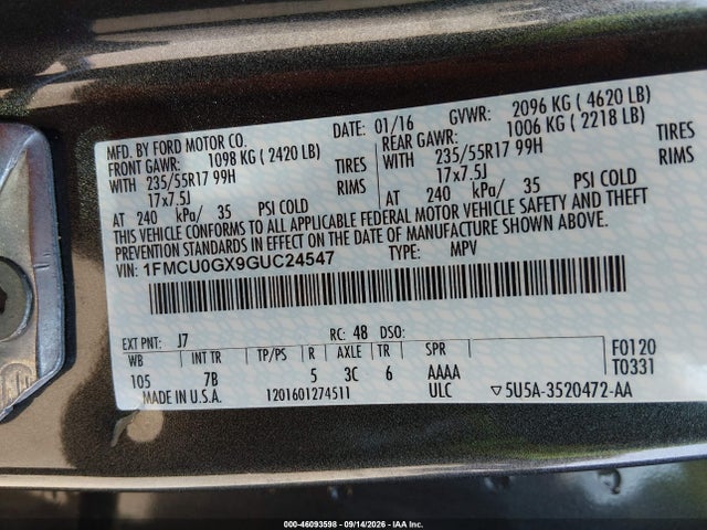 2016 Ford Escape Se მანქანა იყიდება აუქციონზე, vin: 1FMCU0GX9GUC24547, აუქციონის ნომერი: 46093598