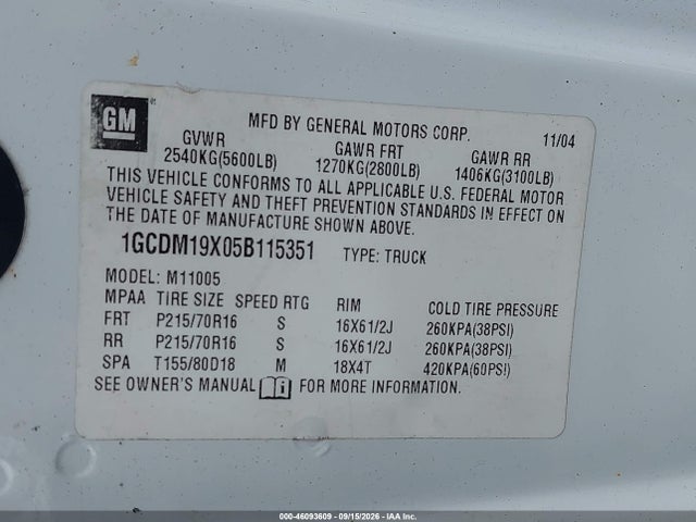 Aukcja sprzedaży 2005 Chevrolet Astro, vin: 1GCDM19X05B115351, numer aukcji: 46093609