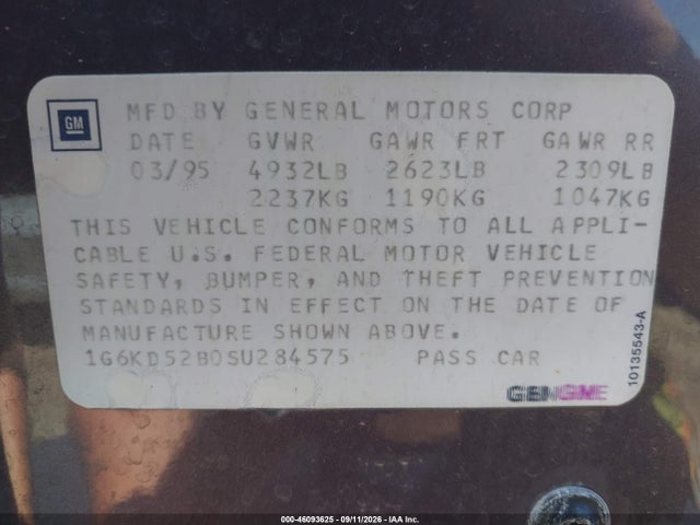 Aukcja sprzedaży 1995 Cadillac Deville, vin: 1G6KD52B0SU284575, numer aukcji: 46093625