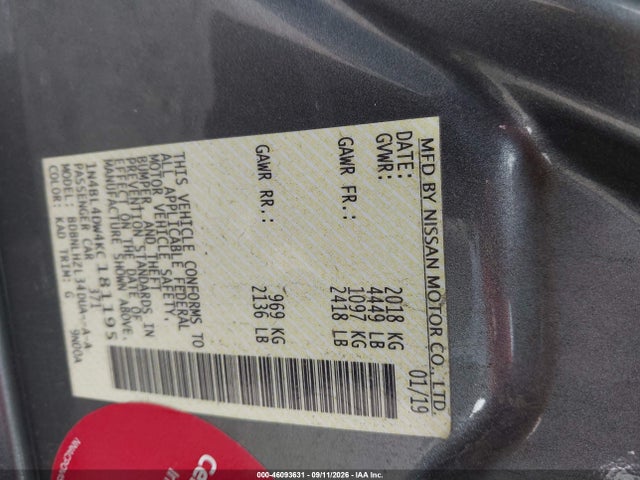 2019 Nissan Altima 2.5 Sv მანქანა იყიდება აუქციონზე, vin: 1N4BL4DW4KC181195, აუქციონის ნომერი: 46093631