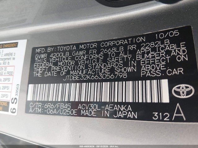 Продаж на аукціоні авто 2006 Toyota Camry Le, vin: JTDBE32K663056798, номер лоту: 46093636
