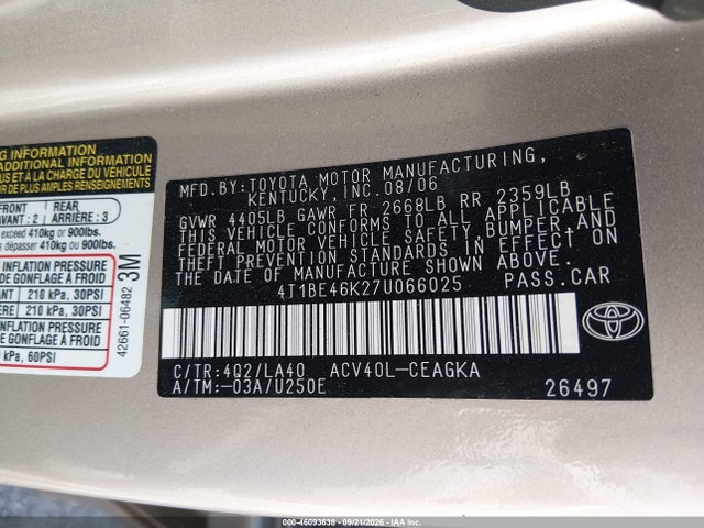 Aukcja sprzedaży 2007 Toyota Camry Xle, vin: 4T1BE46K27U066025, numer aukcji: 46093638