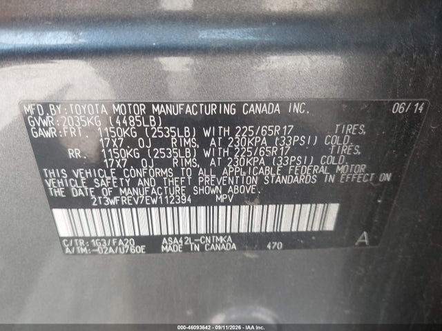 Aukcja sprzedaży 2014 Toyota Rav4 Xle, vin: 2T3WFREV7EW112394, numer aukcji: 46093642