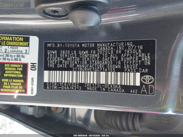 Продажа на аукционе авто 2016 Toyota Corolla S Plus, vin: 2T1BURHE1GC714155, номер лота: 46093649