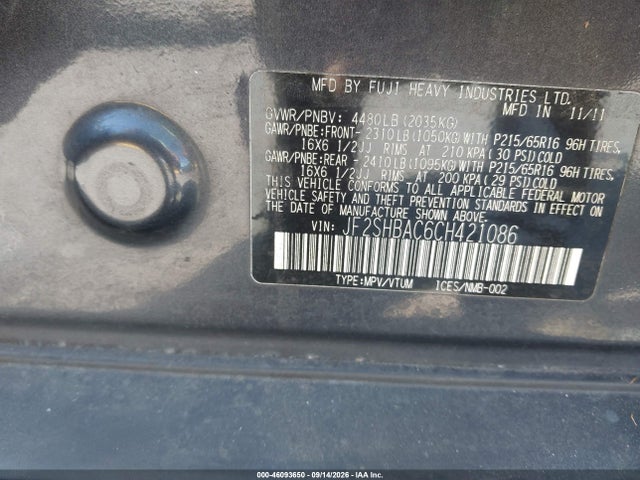 46093650 :رقم المزاد ، JF2SHBAC6CH421086 vin ، 2012 Subaru Forester 2.5x مزاد بيع