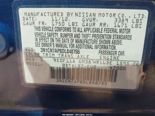 46093657 :رقم المزاد ، 3N1CN7AP8DL848755 vin ، 2013 Nissan Versa 1.6 Sv مزاد بيع